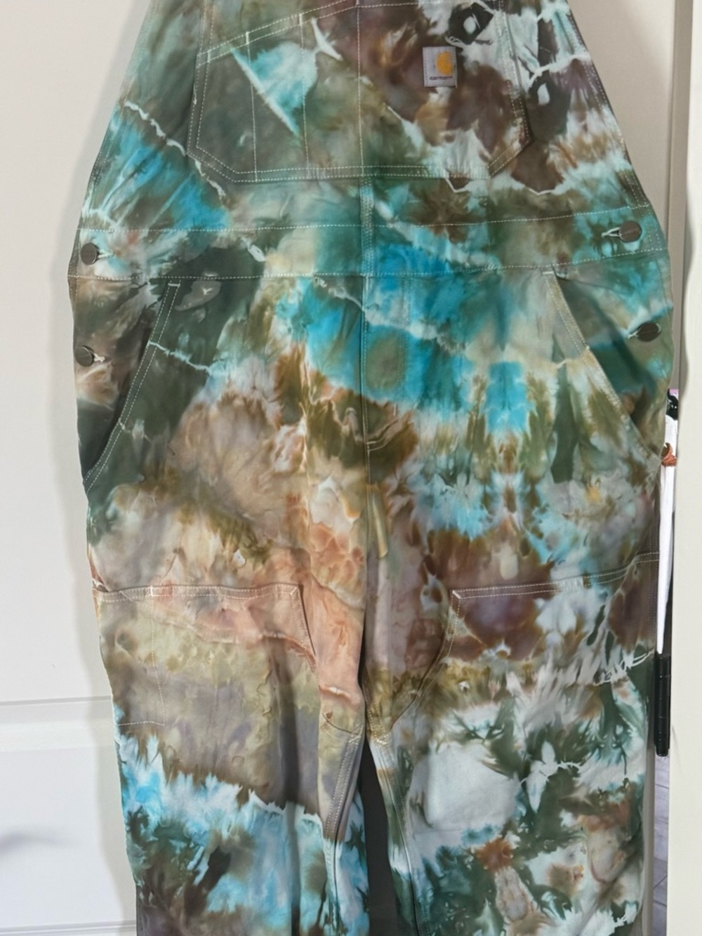 Carhartt Tie-Dye Overalls in Teal, Brown, White - Picture 8 of 9